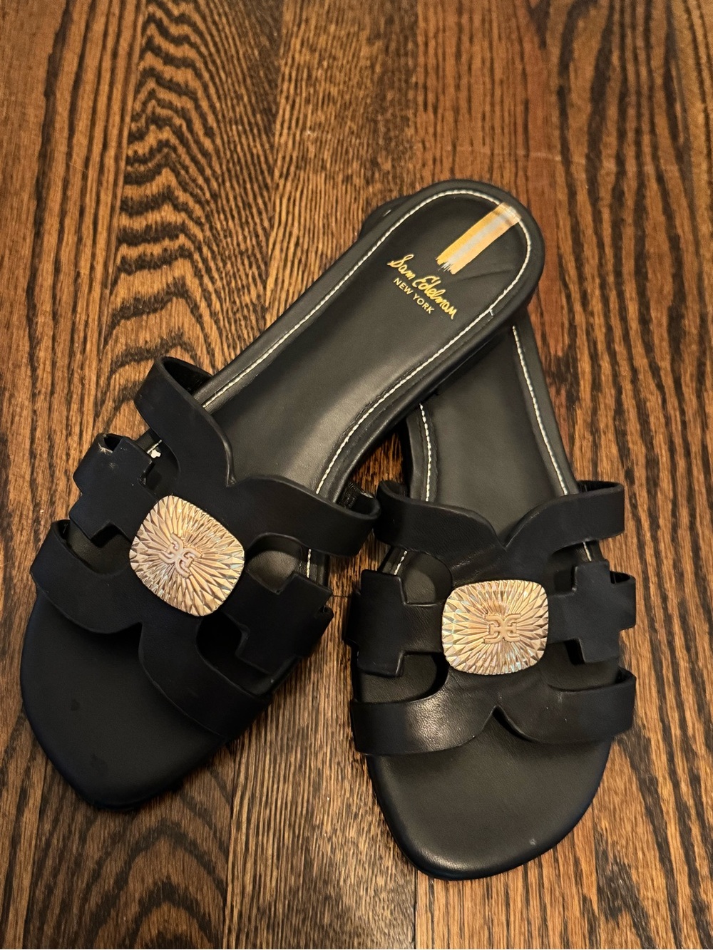 Sam Edelman Black Slide Sandals with Gold Medallion Accent - size 7